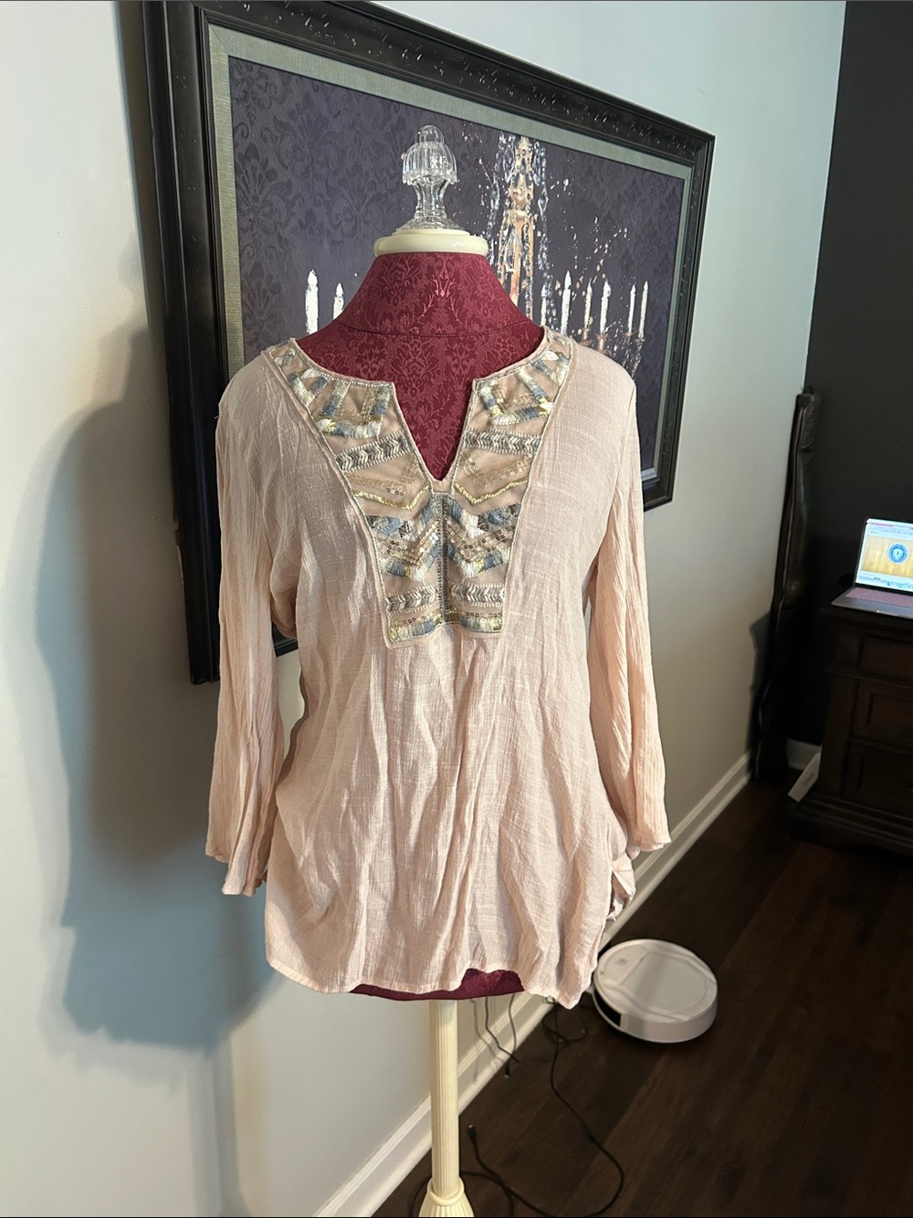 Spense Blush Peach Embellished V-Neck Tunic